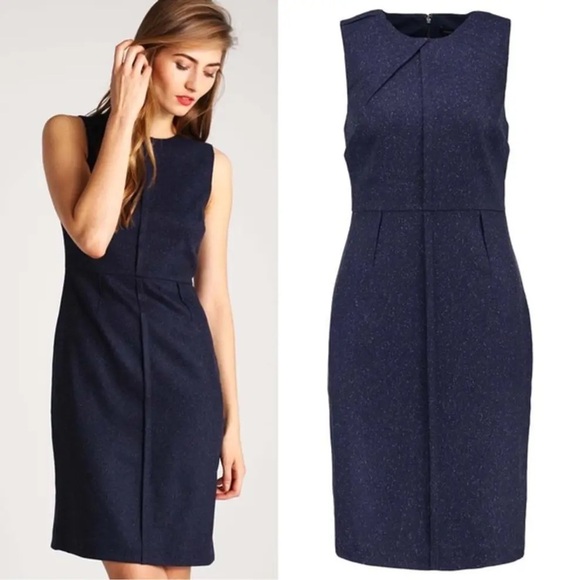 Banana Republic • Pleated Flannel Dress sleeveless sheath navy blue tweed size 2 - Picture 3 of 9